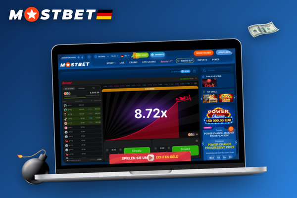 Mostbet Aviator Game im Echtgeldmodus auf dem Laptop mit geöffneter Wallet-Ansicht daneben